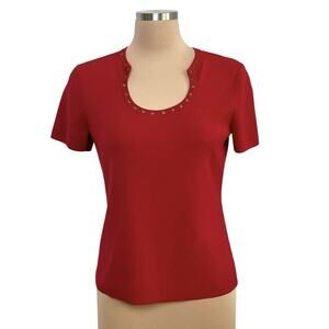 Cable And Gauge Short Sleeve Top Size Large Retro Grommet Neckline Red Statement